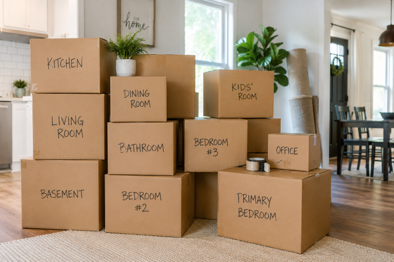 Moving boxes labeled for different rooms