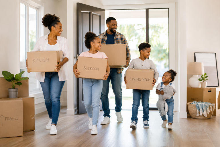 Young family carrying moving boxes into a new home
